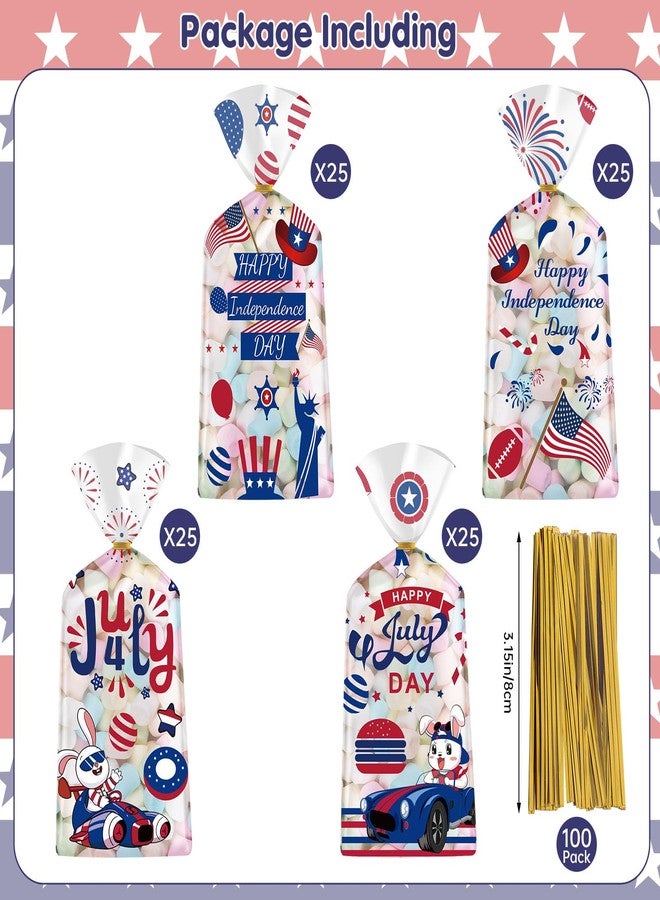 Litmitfu 100 Pcs 4th of July Treat Bags - Happy Patriotic Day Plastic Cellophane Bag, Clear Fourth of July Gift Goodie Candy Favor Bags with Gold Twist Ties for Independence Day Party Favors Supplies - Image 4